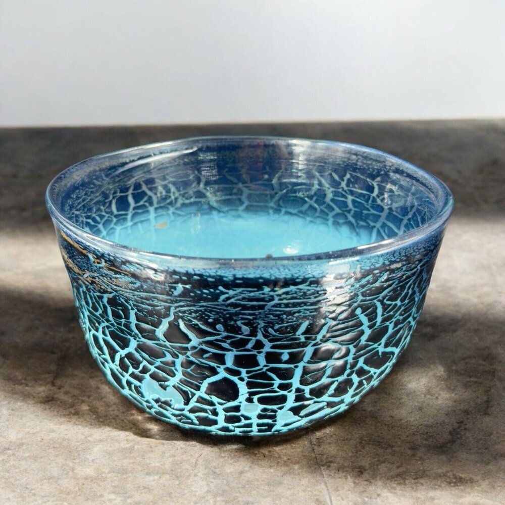 1987 Hand Blown Art Glass Large Bowl Dish Lava Glaze Finish Blue Black Signed